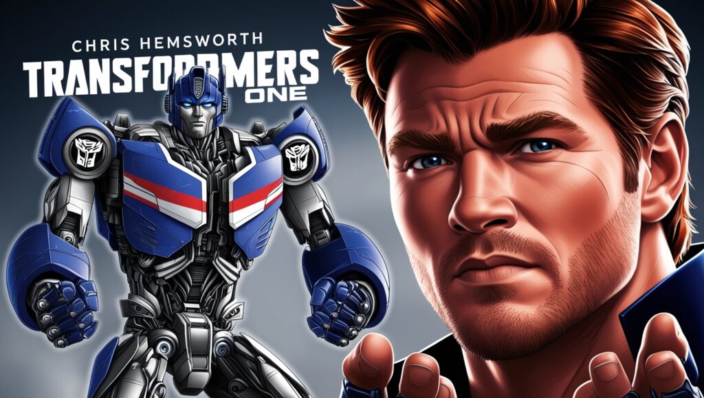 Close-up scene of Chris Hemsworth’s character in Transformers One (2024), showing a detailed view of his Transformers character with intense, determined facial expression against a futuristic Cybertron backdrop.