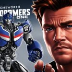Close-up scene of Chris Hemsworth’s character in Transformers One (2024), showing a detailed view of his Transformers character with intense, determined facial expression against a futuristic Cybertron backdrop.