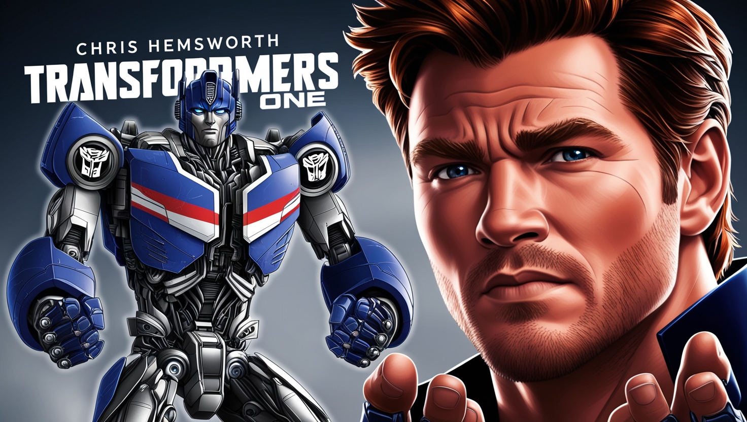 Close-up scene of Chris Hemsworth’s character in Transformers One (2024), showing a detailed view of his Transformers character with intense, determined facial expression against a futuristic Cybertron backdrop.